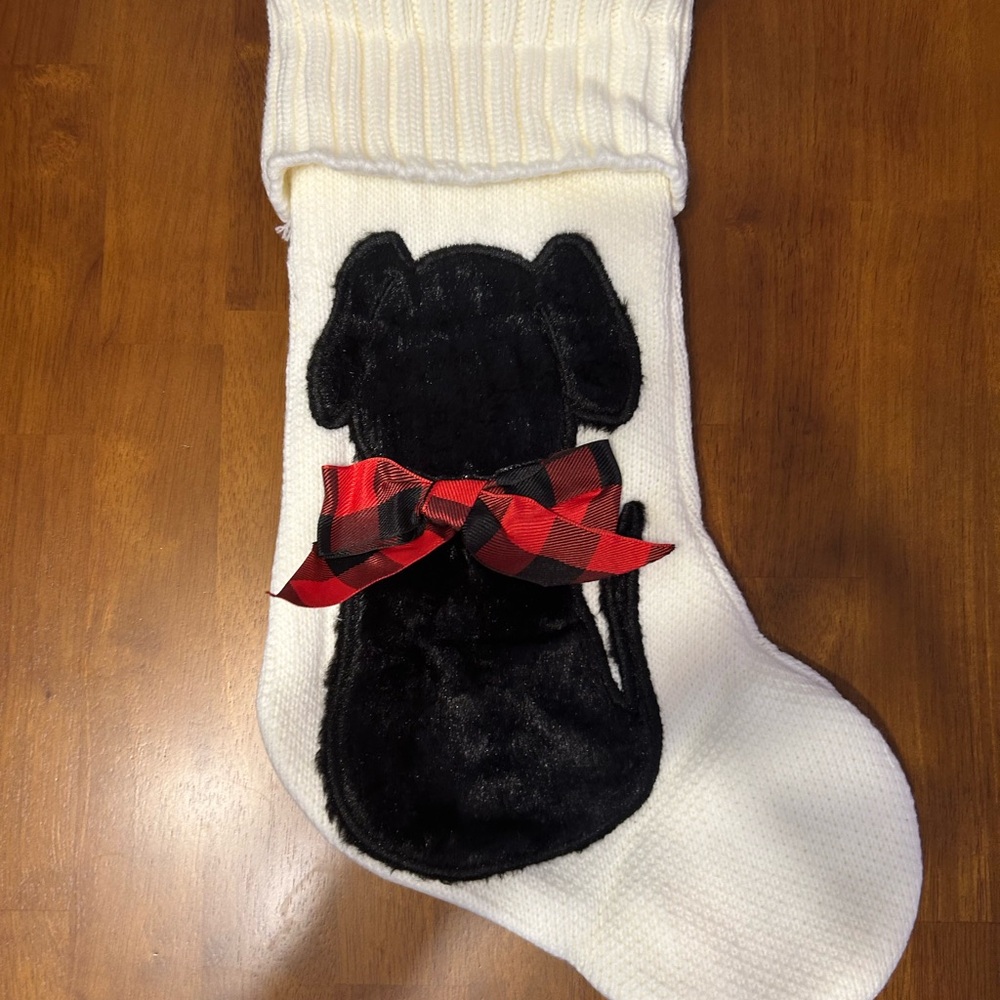 White Christmas Stocking with Black Dog and Red Bow